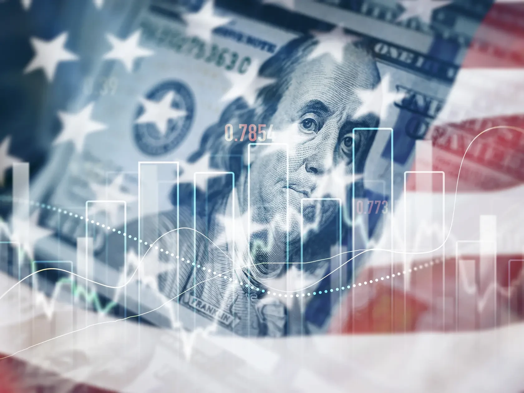 Virtuelles Finanzanalyse-Diagramm Hologramm zur Entwicklung der US-Flagge.
